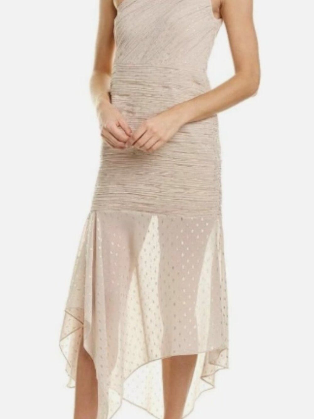 NWT Halston Heritage One Shoulder Metallic Dot Chiffon Dress 0 $495